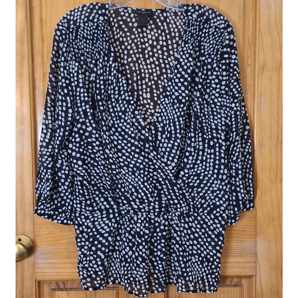 Ann Taylor Shirt Womens 10 Black White Polka Dot Chiffon Faux Wrap Sheer Classic